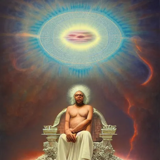 Prompt: obatala the cosmic god sitting on a throne of nebula clouds, by Agostino Arrivabene and alex grey, matte painting, orisha, 8k, hd