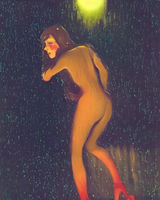 Prompt: a girl meeting the devil in the rain at night, 1 9 7 0 s, seventies, wallpaper, delicate embellishments, painterly, offset printing technique, by brom, robert henri, walter popp