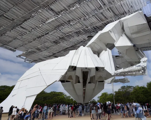 Image similar to photo of minimalist abstract cubist sculpture of curvy mecha mayan temple spaceship, covered with few large white airplane parts, gigantic size with people visiting