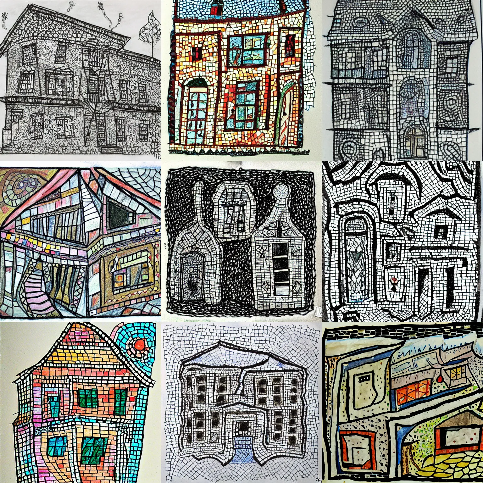 Prompt: dream journal art brut drawing of a fever dream about a house with mosaics on all of the walls, found doodled in a sketchbook