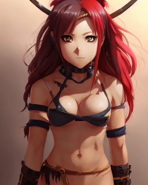 Image similar to character concept of an anime barbarian huntress | | cute - fine - face, pretty face, bikini armor, realistic shaded perfect face, fine details by stanley artgerm lau, wlop, rossdraws, james jean, andrei riabovitchev, marc simonetti, and sakimichan, trending on artstation