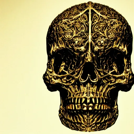 Image similar to chiaroscuro Baroque Still life photo of golden skull etched with detailed and intricate ancient runes, overtaken by plant ivy filigree, lit by a single god ray of shining light.