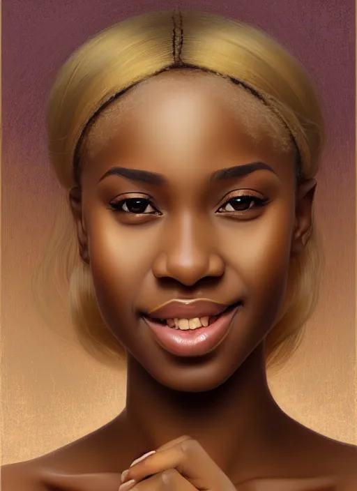 Image similar to beautiful igbo feminine face! portrait of young woman blessed by god with ever - increasing physical and mental perfection, blonde hair, symmetrical! intricate, elegant, highly detailed, vision of holy perfection!! smile, digital painting, artstation, concept art, smooth, sharp focus, illustration, art by artgerm and greg rutkowski and alphonse mucha