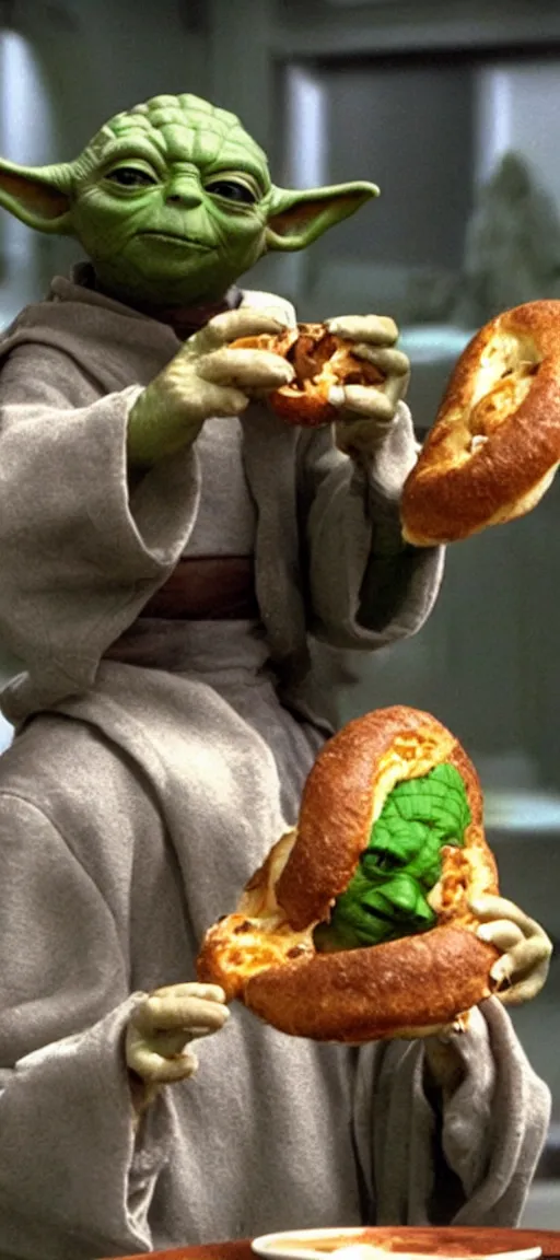 Image similar to Yoda consuming bagels