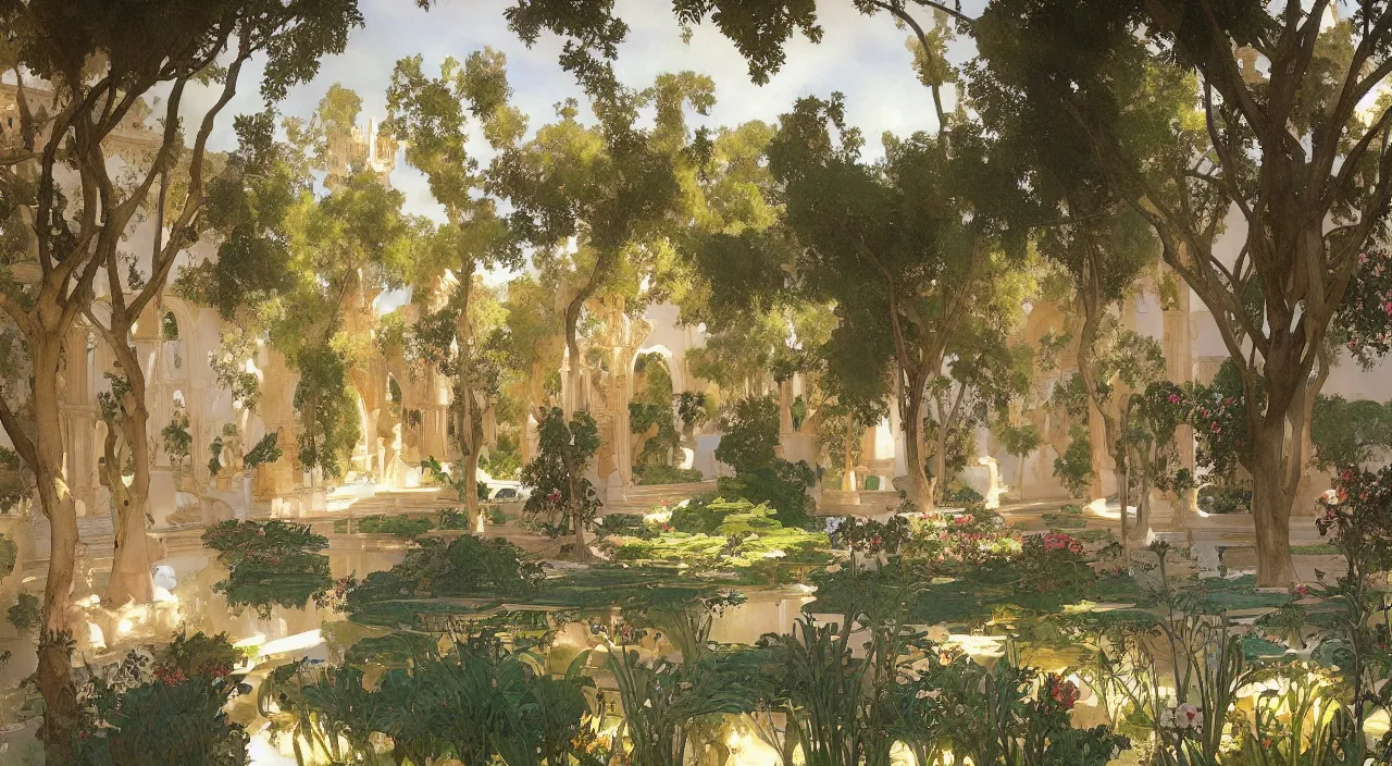 Prompt: A beautiful landscape painting of the the gardens of the real alcazar seville, by Alfons Maria Mucha and Julie Dillon and Makoto Shinkai