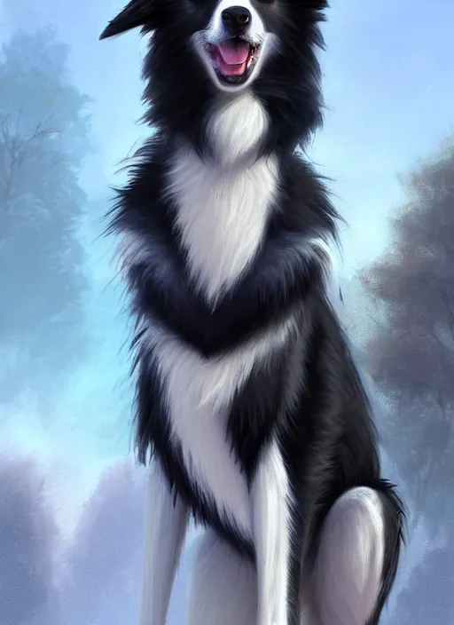 Image similar to full body digital painting of a cute male anthropomorphic border collie fursona wearing a jacket in front of a park, furaffinity, scenic background, intricate, elegant, beautiful, fantasy, highly detailed, trending on artstation, art by charlie bowater and henry asencio and and ross tran