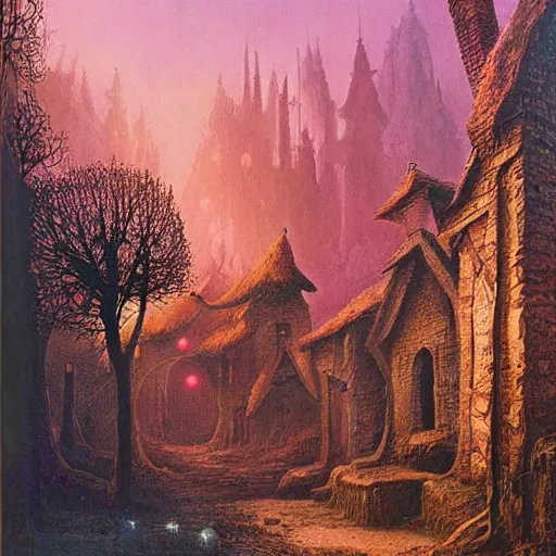 Prompt: a beautiful painting of medieval village, with magical forest, in another galaxy, by david noren and zdzisław beksinski