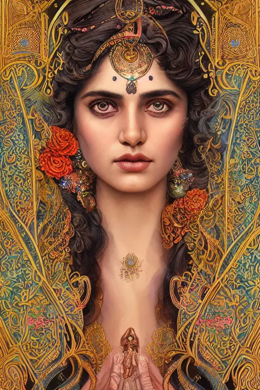 Image similar to a stunning ultradetailed illustration of an indian woman with epic wavy hair surrounded by paisleys and art nouveau floral patterns, by vania zouravilov and tom bagshaw, deep depth of field, catchlight in the eyes, studio lighting, golden ratio composition, 3 5 mm lens, very detailed, 8 k, artstation