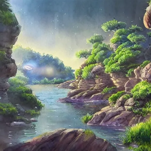 Image similar to beautiful happy picturesque charming sci - fi organic pod - like homes of the future in a beautiful natural scene. water, trees and rocks. beautiful light. soft colour scheme. beautiful artistic detailed watercolor by lurid. ( 2 0 2 2 )