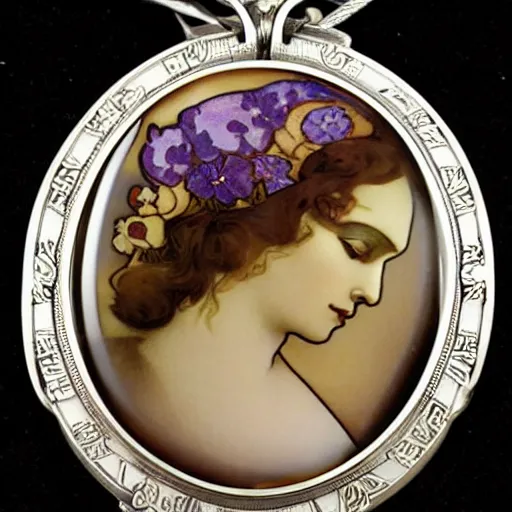 Prompt: an artnouveau goddess face by alfons mucha as an artnouveau style necklace by rene lalique