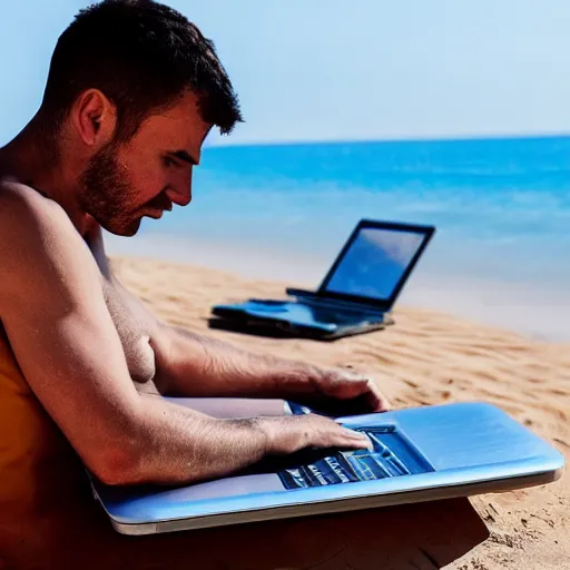 Prompt: man working on laptop at sunny beach, by ilya kuvshinnikov, perfect face, fine details