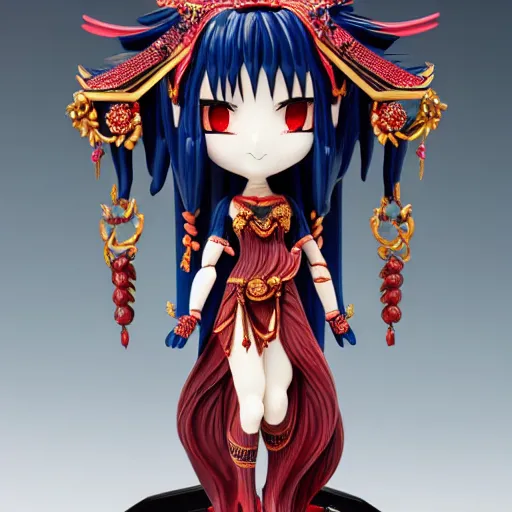 Prompt: figurine of a female goddess, highly detailed, dark red and blue and black color palette, intricate, high quality anime artstyle, in the style of sana takeda