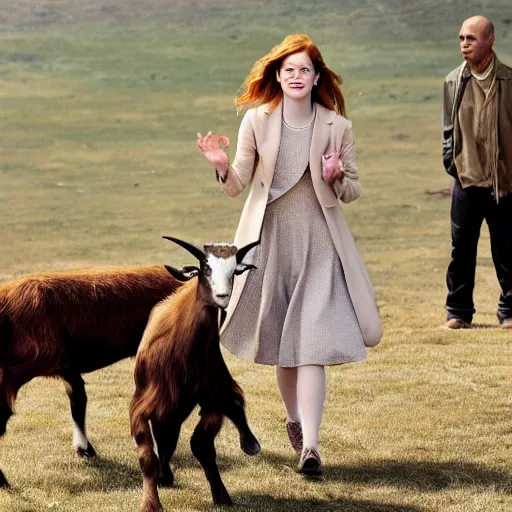 Prompt: Emma Stone becoming a goat. movie still.