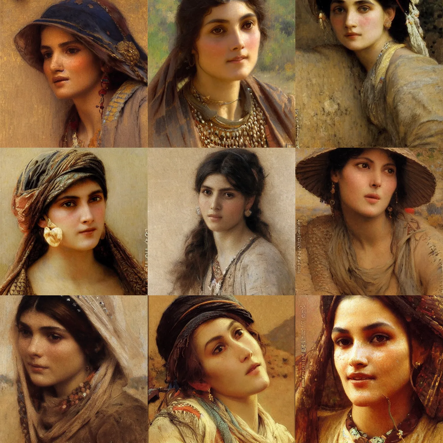 Prompt: orientalism portrait of a cute woman in the desert face detail by theodore ralli and nasreddine dinet and nikolay makovsky and jules bastien - lepage, masterful intricate artwork, excellent lighting, high detail 8 k