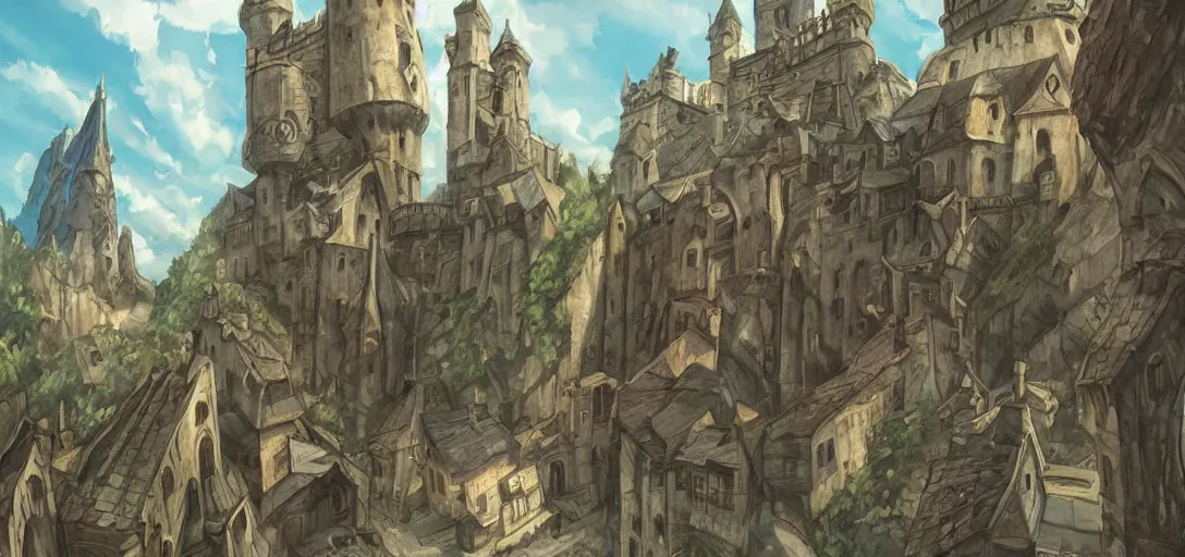 Prompt: huge medieval city, interesting rocky shaped terrain, digital art, full metal alchemist, art by craign mullin