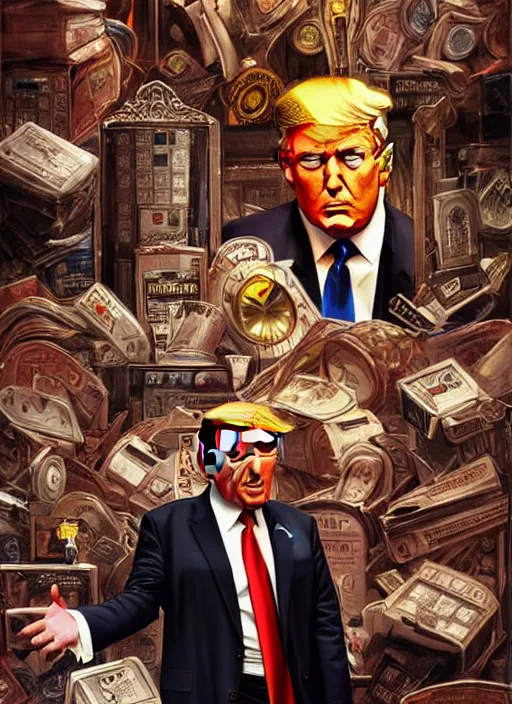 Prompt: donald trump, surrounded by evil bank safes, horror painting, elegant intricate digital painting artstation concept art by mark brooks and brad kunkle detailed