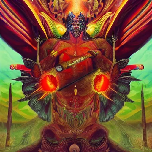 Image similar to 8K centered headshot Portrait of a psychedelic godlike mothman posing with a cigar with giant mandala wings smoking a hand-rolled cigarette smoking heavily , magic mushroom village in background , post-processing , award winning. superb resolution. in the art style of Satoshi Kon and Greg Rutkowski , Detailed Mushroom city in background , Hyper realistic anime , Perfect art , Dalle2