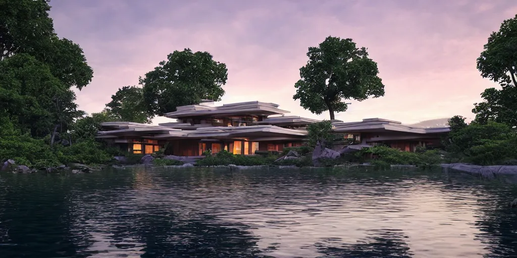 Prompt: a stunningly detailed building designed by Frank Lloyd Wright, surrounded by lush green forest, ponds of water, stunning volumetric lighting, sunset, metal, concrete, glass, stunning skies, trending on Artstation, 8k, photorealistic, hyper detailed, unreal engine 5, Rhinoceros 3D, IMAX quality, cinematic, epic lighting, in the style of Greg Rutkowski