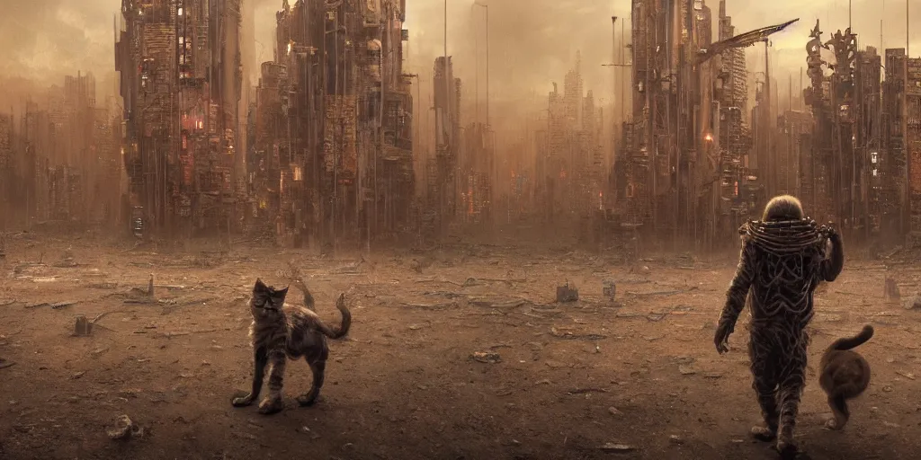 Image similar to cyberpunk demon kitten walking in a dystopian wasteland, Beksinski, MC Escher, very coherent symmetrical artwork. cinematic, hyper realism, high detail, octane render, 8k