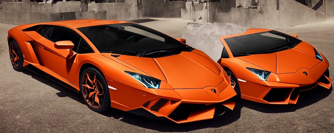 Image similar to lamborghini aventator in dark orange metallic, bright spotlight, hyperdetailed, 8k