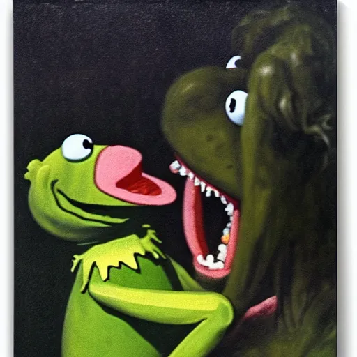 Prompt: “Kermit the Frog Devouring His Son” by Francisco Goya, in the style of “Saturn Devouring His Song”, fresco, horror