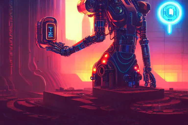 Prompt: ai machine god, hearth of the machine in cyberpunk style, energy core, cybernetic shrine, robot religion, realistic shaded lighting, magali villeneuve, artgerm, rutkowski