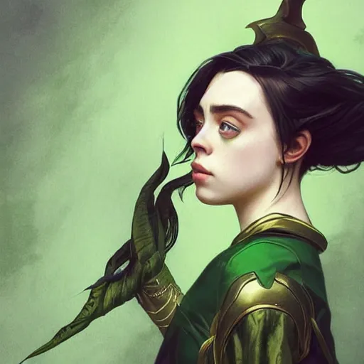 Image similar to Billie Eilish as Female Loki, very detailed, digital art, trending on artstation, concept art, smooth, illustration, art by artgerm and greg rutkowski and alphonse mucha and J. C. Leyendecker and Edmund Blair Leighton and Katsuhiro Otomo and Geof Darrow and Phil hale and Ashley wood