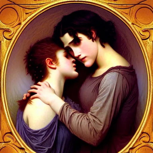 Image similar to twilight version of stranger things, portrait of edward and bella by william - adolphe bouguereau in the style of gaston bussiere, art nouveau