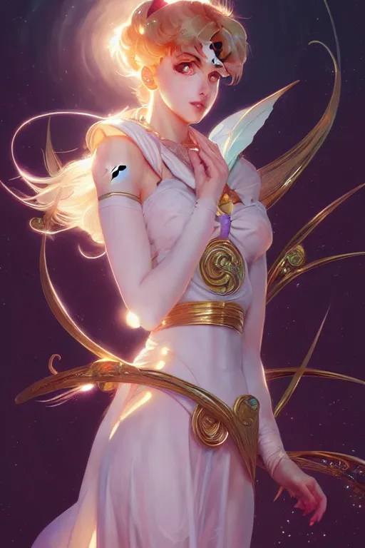 Image similar to Sailor Moon, fantasy, intricate, elegant, highly detailed, digital painting, artstation, concept art, matte, sharp focus, illustration, art by Artgerm and Greg Rutkowski and Alphonse Mucha