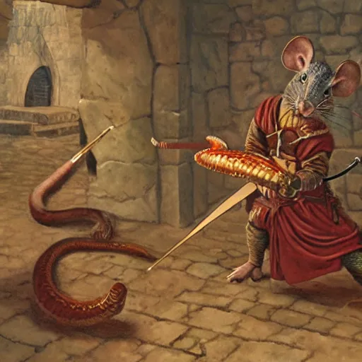 Prompt: martin the mouse warrior battling Asmodeus the serpent by James Gurney. Redwall.