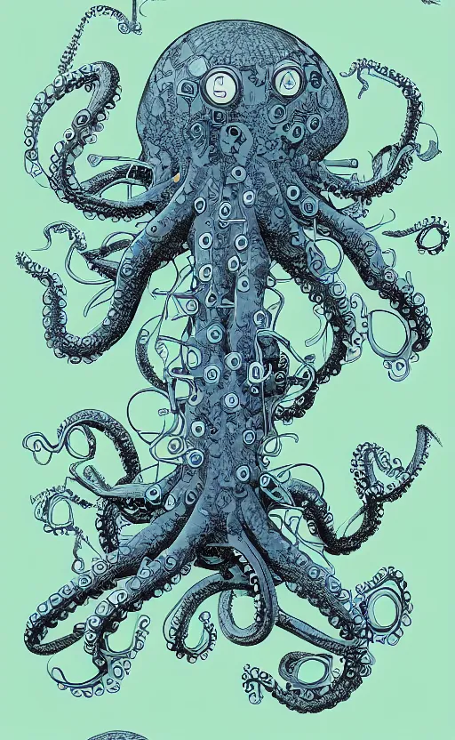 Prompt: robotic octopus by miyazaki, illustration, kenneth blom, mental alchemy, james jean, pablo amaringo, naudline pierre, contemporary art, hyper detailed
