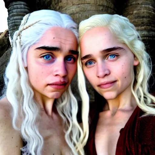 Image similar to a selfie of daenerys targaryen and daenerys targaryen, medium shot, detailed eyes,