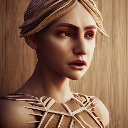 Prompt: beautiful girl in a dress made of wood, beautiful portrait, symmetrical, character concept style trending on artstation concept art detailed octane render cinematic photo - realistic 8 k high detailed