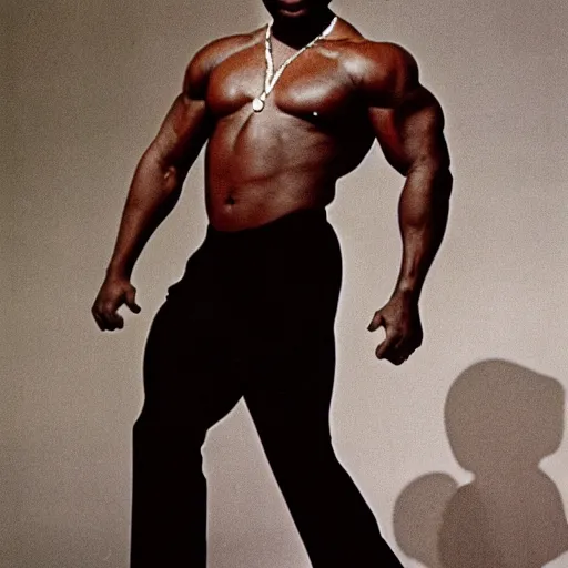 Prompt: Steve Harvey as a bodybuilder, wearing black pants