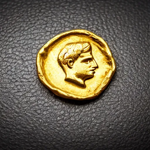 Prompt: an ancient roman gold coin with the face of a modern car, close up photo, ultra realistic, studio photo, bokeh.