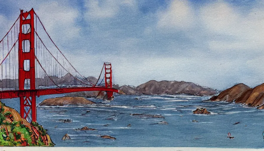 Image similar to Golden Gate Bridge, San Francisco, illustrated by Bob Ross, very detailed