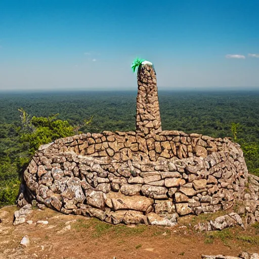 Prompt: eagle sitting on top of zimbabwe conical tower ruins, wide angle