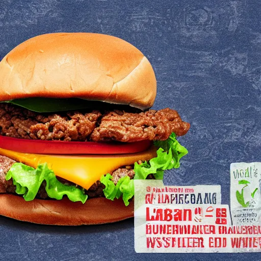 Prompt: hamburger made from lab grown meat photo with blue bun