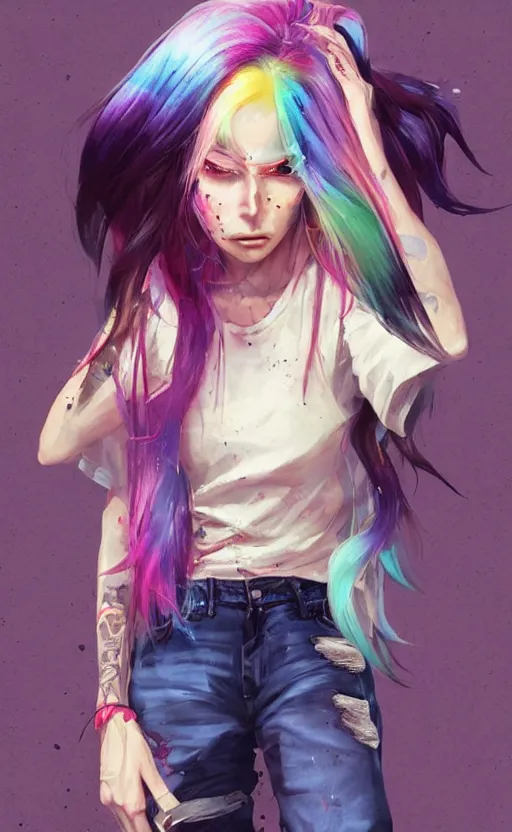 Image similar to a grungy woman with rainbow hair, drunk, soft eyes and narrow chin, dainty figure, long hair straight down, torn kawaii shirt and baggy jeans, basic white background, In style of by Jordan Grimmer and greg rutkowski, crisp lines and color,