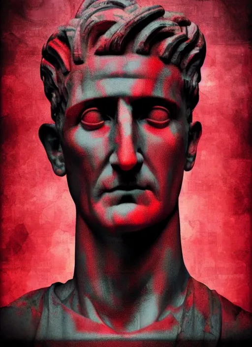 Prompt: design poster showing a statue of julius caesar, black background with very subtle red and purple design elements, powerful, nekro, graphic design, collage art, thin lines, dark, glitch art, neo vaporwave, gritty, layout frame, square, trending on artstation