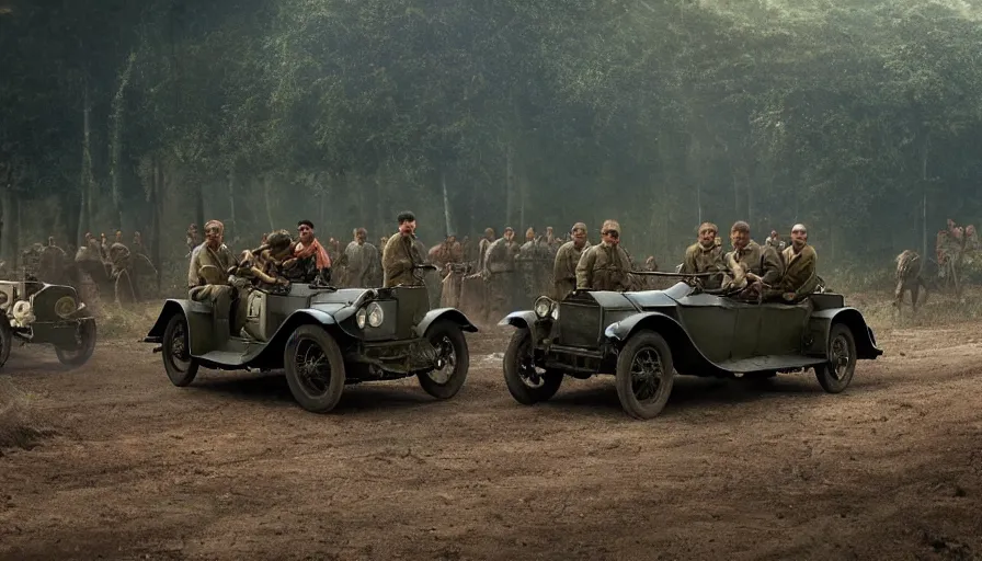 Image similar to british army driving a car in 1921 in kerala forest road, tribe members attacking, action scene, an epic fantasy, dramatic lighting, cinematic, establishing shot, extremely high detail, photorealistic, cinematic lighting, artstation, matte painting by christopher nolan, horizon forbidden west