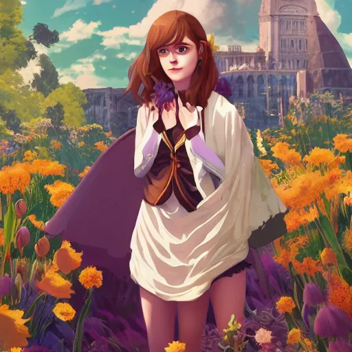 Prompt: portrait of Emma Watson as Hermione, dressed as Cleopatra, field of flowers background, rich vivid colors, ambient lighting, dynamic lighting, 4k, HQ, anime key visual, makoto shinkai, ilya kuvshinov, lois van baarle, rossdraws, detailed, trending on artstation