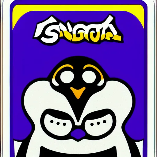 Image similar to fat penguin key art in a cartridge, rectangle sticker illustration, cartucho snes, super nintendo cartridge