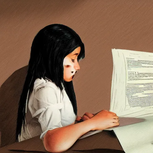 Image similar to young girl with black hair writing a paper about fake news, digital art,