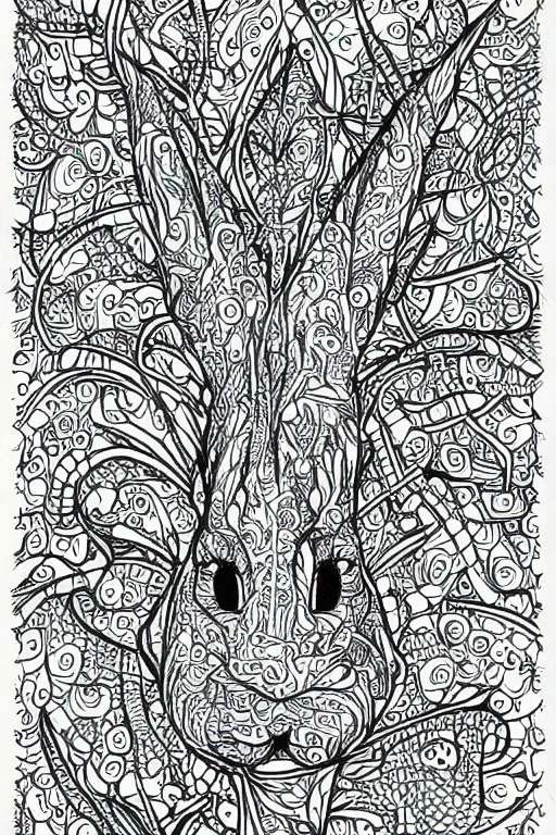 Image similar to bunny, ornaments, fractal, ink drawing, line art colouring page