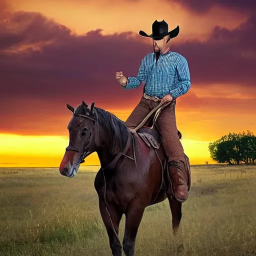 Prompt: anthropomorphic duck as a cowboy riding a horse into the sunset