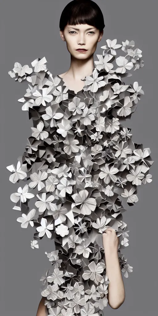 Image similar to portrait of a beautiful ceramic model wearing sakura ( ( origami themed paper flower ) ) and metallic shapes haute couture by issey miyake