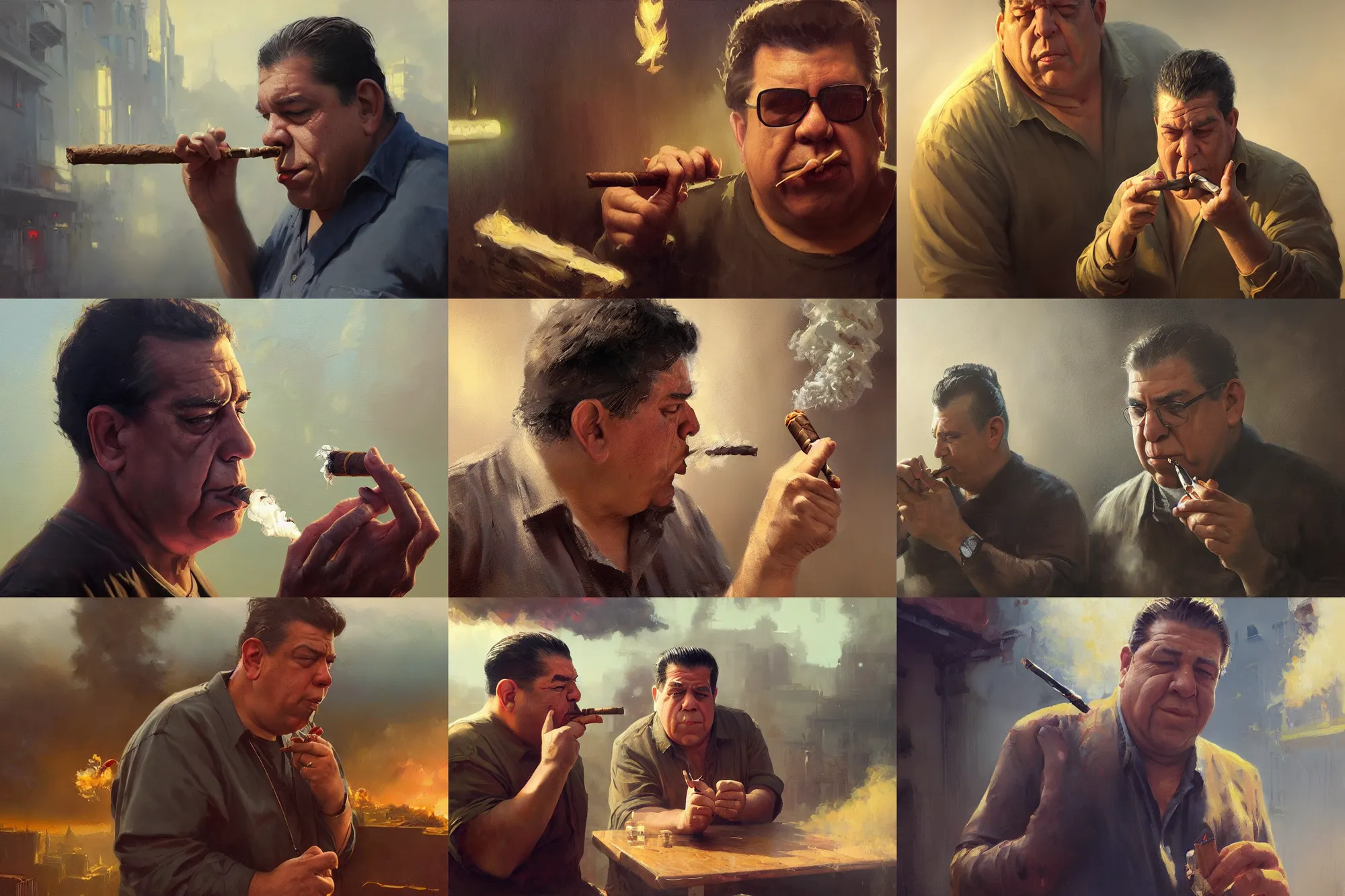 Prompt: an oil painting of uncle joey diaz smoking cuban cigar, ultra realistic, highly detailed, masterpiece, cinematic by greg rutkowski, frank frazetta, beeple, christian macnevin, beeple, wlop, krenz cushart, epic character art, volumetric lighting, cgsociety