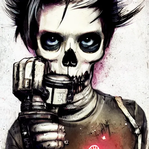 Prompt: a grungy skull woman with white short pixy cut hair, drunk, angry, soft eyes and narrow chin, dainty figure, torn overalls, short shorts, combat boots, gasmask, basic white background, side boob, symmetrical, single person, style of by jordan grimmer and greg rutkowski, crisp lines and color,