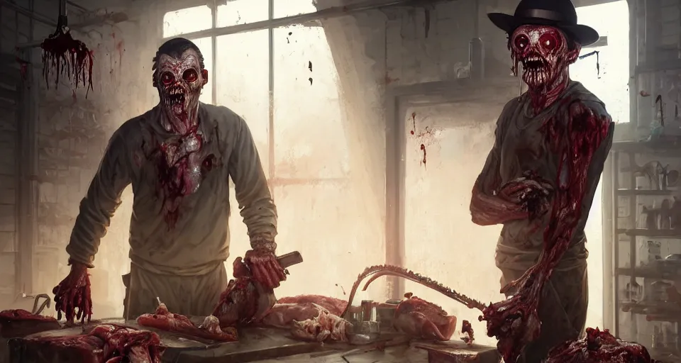 Image similar to highly detailed portrait butcher zombie in gta v, old butchery interior, stephen bliss, unreal engine, fantasy art by greg rutkowski, loish, rhads, ferdinand knab, makoto shinkai and lois van baarle, ilya kuvshinov, rossdraws, tom bagshaw, global illumination, radiant light, detailed and intricate environment